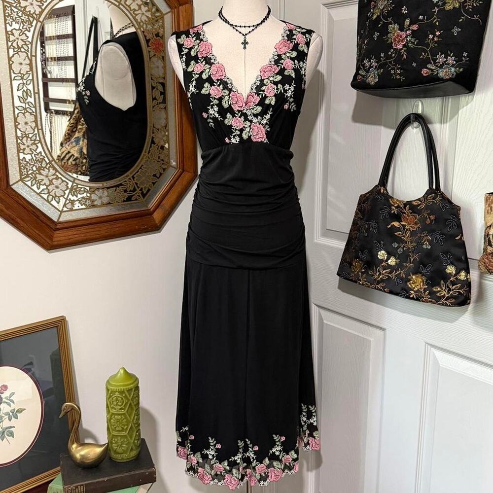 VTG Y2K Karen Kane Black, Pink & Green Floral Embroidered Ruched Mesh Midi Dress